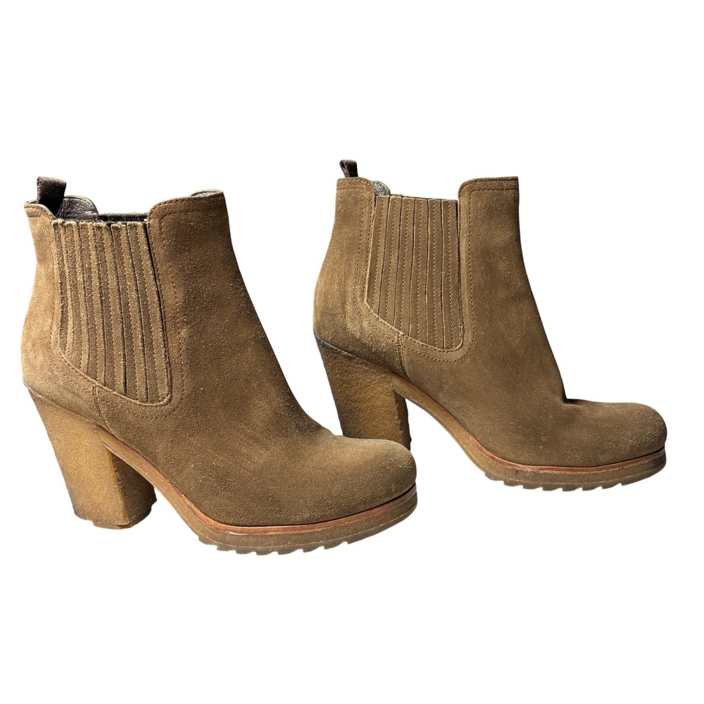 Prada Brown Suede Chelsea Ankle Boots Ribbed Gore Platform Block Heel 37